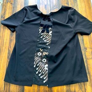 Ann Taylor Factory‎ Holiday Bow Floral Sequin Short Sleeve Top Size L